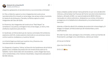 El presidente Abelardo De La Espriella informó nuevos operativos contra la minería ilegal y los grupos armados en varias regiones de Colombia - crédito @ABDELAESPRIELLA/X