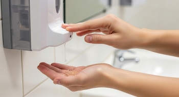 Primer plano de unas manos recibiendo alcohol en gel o jabón líquido de un dispensador blanco montado en la pared de azulejos blancos, con un lavabo al fondo.