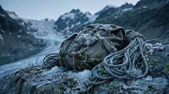 Mochila verde oliva, cuerdas de alpinismo grises, trozos de hielo, musgo sobre roca gris, con montañas nevadas y un glaciar al fondo.