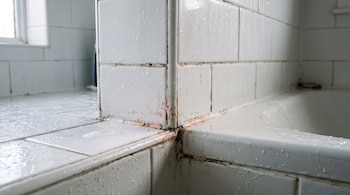 Primer plano de azulejos blancos con gotas de agua y manchas de moho en las juntas cerca del borde de una bañera.
