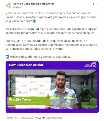 El Servicio Geológico Colombiano (SGC) señaló que en Colombia se registran en promedio 2.500 sismos cada mes - crédito @sgcol/X