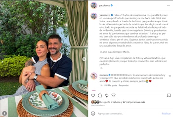 La pareja peruana Yaco Eskenazi y Natalie Vértiz celebra su onceavo aniversario de casados en un ambiente al aire libre con una mesa puesta.