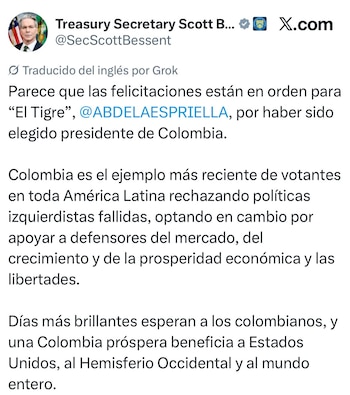 Secretario del Tesoro de EE. UU. felicita a De la Espriella y destaca giro político en Colombia - crédito @SecScottBessent/X