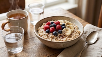 Un tazón de cerámica con avena, frutos rojos, plátano y semillas junto a una taza de té, un vaso con agua y una cuchara sobre madera.