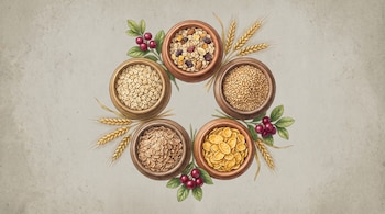 Cinco vasijas de barro en círculo con copos de avena, muesli, trigo, salvado y copos de maíz, rodeadas de espigas de trigo y frutos rojos.