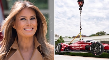 Melania Trump mostró el ingreso de un auto de carreras al Jardín de las Rosas de la Casa Blanca para celebrar una donación de 2 millones de dólares (Melania Trump en X)