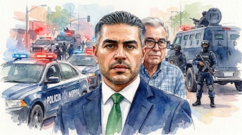 Ilustración en acuarela de Omar García Harfuch al frente con traje y corbata verde, y Rubén Rocha Moya detrás. Fondo con coches de policía, luces y agentes.