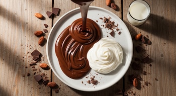 Chocolate fundido vertiéndose sobre un plato con crema batida, rodeado de trozos de chocolate, granos de cacao y un vaso de leche en una mesa de madera.