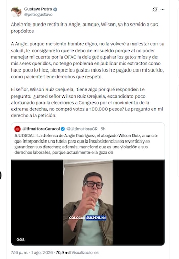 El presidente Gustavo Petro reaccionó a anuncio de tutela en su contra - crédito @petrogustavo/X