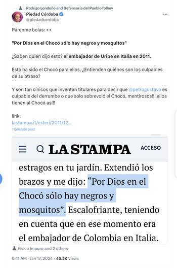 Piedad Córdoba cuestionó a exembajador