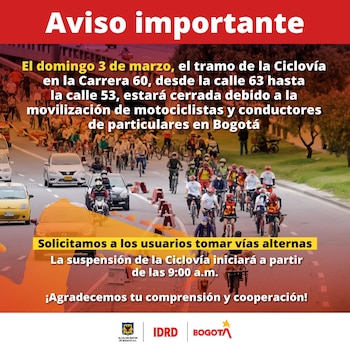 Una parte de la ciclovía estará cerrada por movilizaciones - crédito Idrd