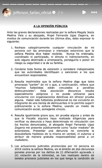 Jefferson Farfán exige a Magaly Medina retirar sus acusaciones tras amenazas de extorsión y secuestro. Captura: @Jefferson Farfán.