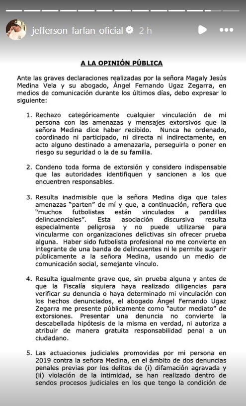 Jefferson Farfán exige a Magaly Medina retirar sus acusaciones tras amenazas de extorsión y secuestro. Captura: @Jefferson Farfán.