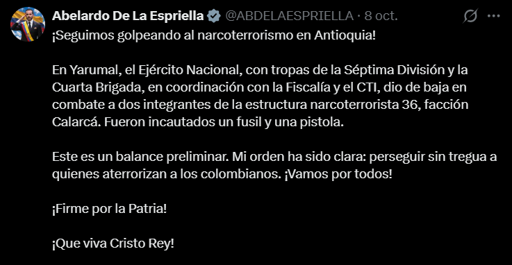 El presidente Abelardo de la Espriella destacó el operativo del Ejército contra dos miembros del Clan del Golfo - crédito @ABDELAESPRIELLA/X