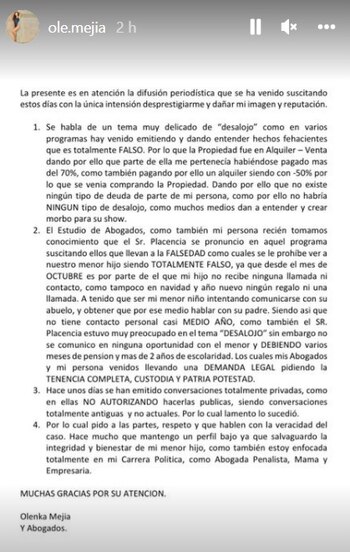 Comunicado de Olenka Mejía. (Foto: