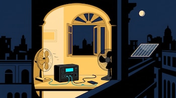 Ilustración de una batería portátil conectada a un ventilador y un teléfono junto a una ventana, con un panel solar y una ciudad a oscuras.