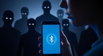 Primer plano de una persona sosteniendo un smartphone con el icono de Bluetooth activo en la pantalla azul, y en el fondo, siluetas oscuras con ojos brillantes.