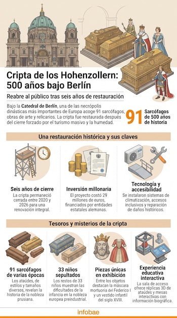 Infografía con ilustraciones de la Catedral de Berlín, sarcófagos históricos e iconos explicativos sobre el proyecto de restauración.