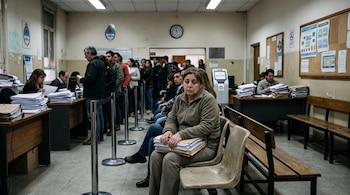 Una mujer sentada sostiene carpetas con papeles en una sala de espera llena de personas que hacen fila junto a escritorios con documentos.