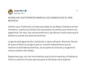El posteo de Jorge Macri