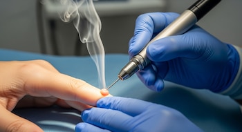 Primer plano de una mano enguantada de azul sosteniendo un instrumento de electrocirugía que aplica calor a una verruga en un dedo, con vapor visible.