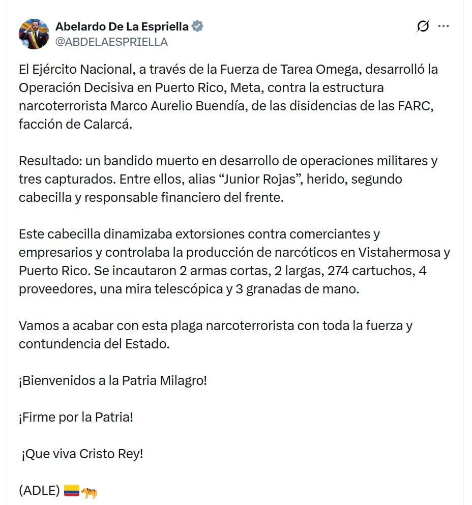 El presidente respaldó la labor de las Fuerzas Militares para la detención de los tres subversivos - crédito @ABDELASPRIELLA/X