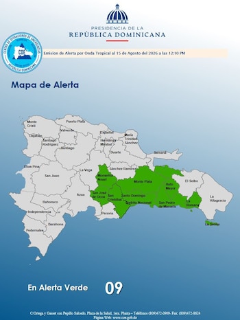 Mapa oficial de la República Dominicana donde se destacan las provincias en alerta verde por lluvias asociadas al paso de una onda tropical (Cortesía: COE).