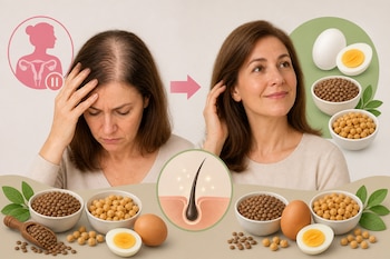 Una mujer con pérdida capilar y con pelo abundante, junto a recipientes con legumbres, huevos cocidos y el esquema de un folículo.