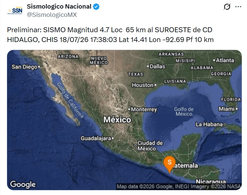 Sismo de 4.7 en Ciudad Hidalgo, Chipas este 18 de julio. (X/ @SismologicoMX)