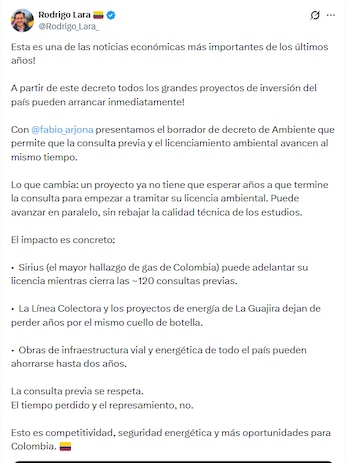 Rodrigo Lara sobre el borrador de decreto de licencias ambientales - crédito @Rodrigo_Lara_/X