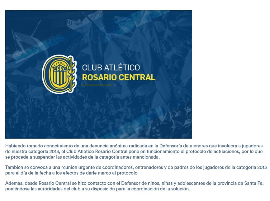 Comunicado oficial difundido por Rosario Central
