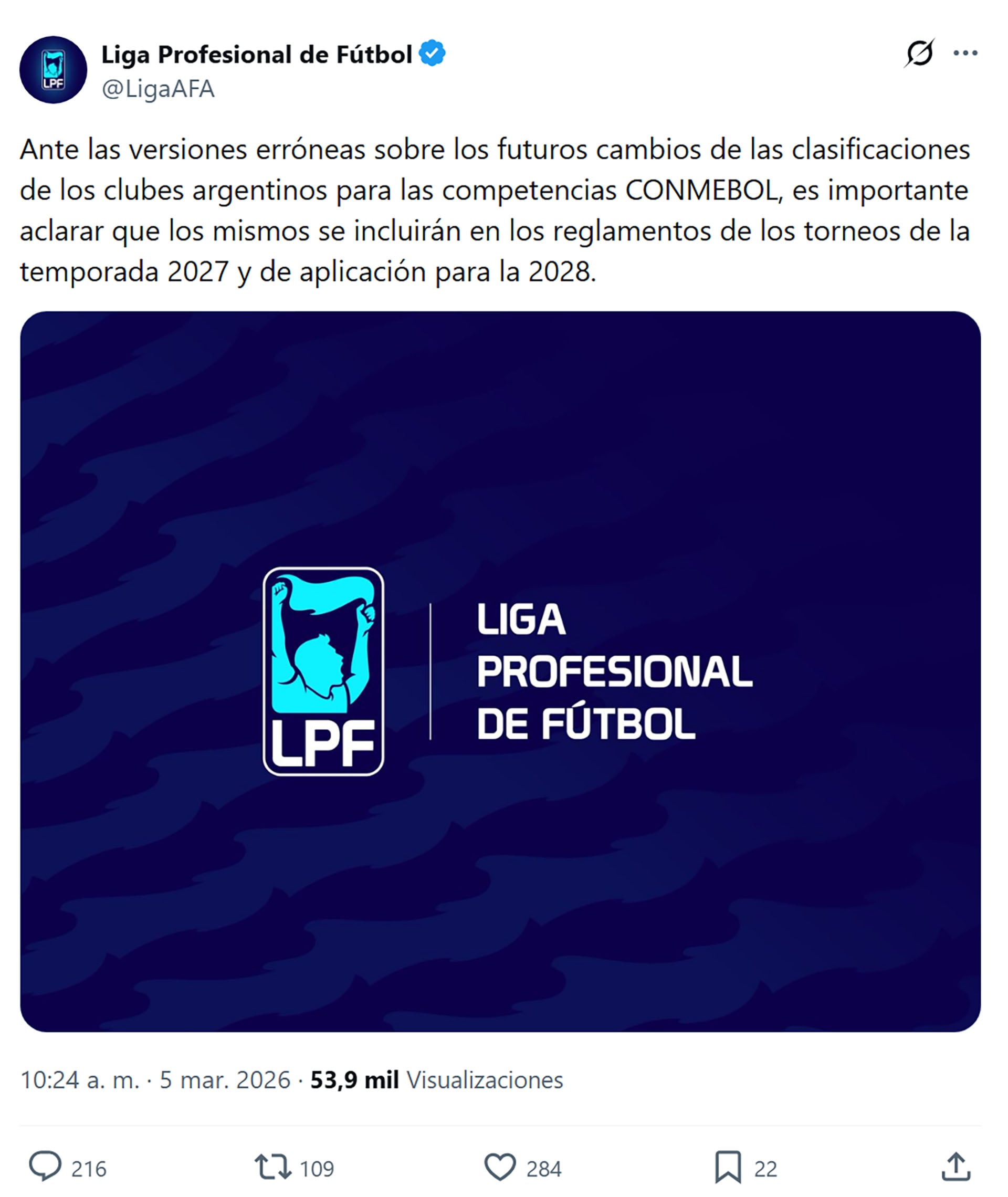 La Liga Profesional de Fútbol emite un comunicado en redes sociales para aclarar la inclusión de los cambios en las clasificaciones CONMEBOL en los reglamentos de 2027, con aplicación en 2028.