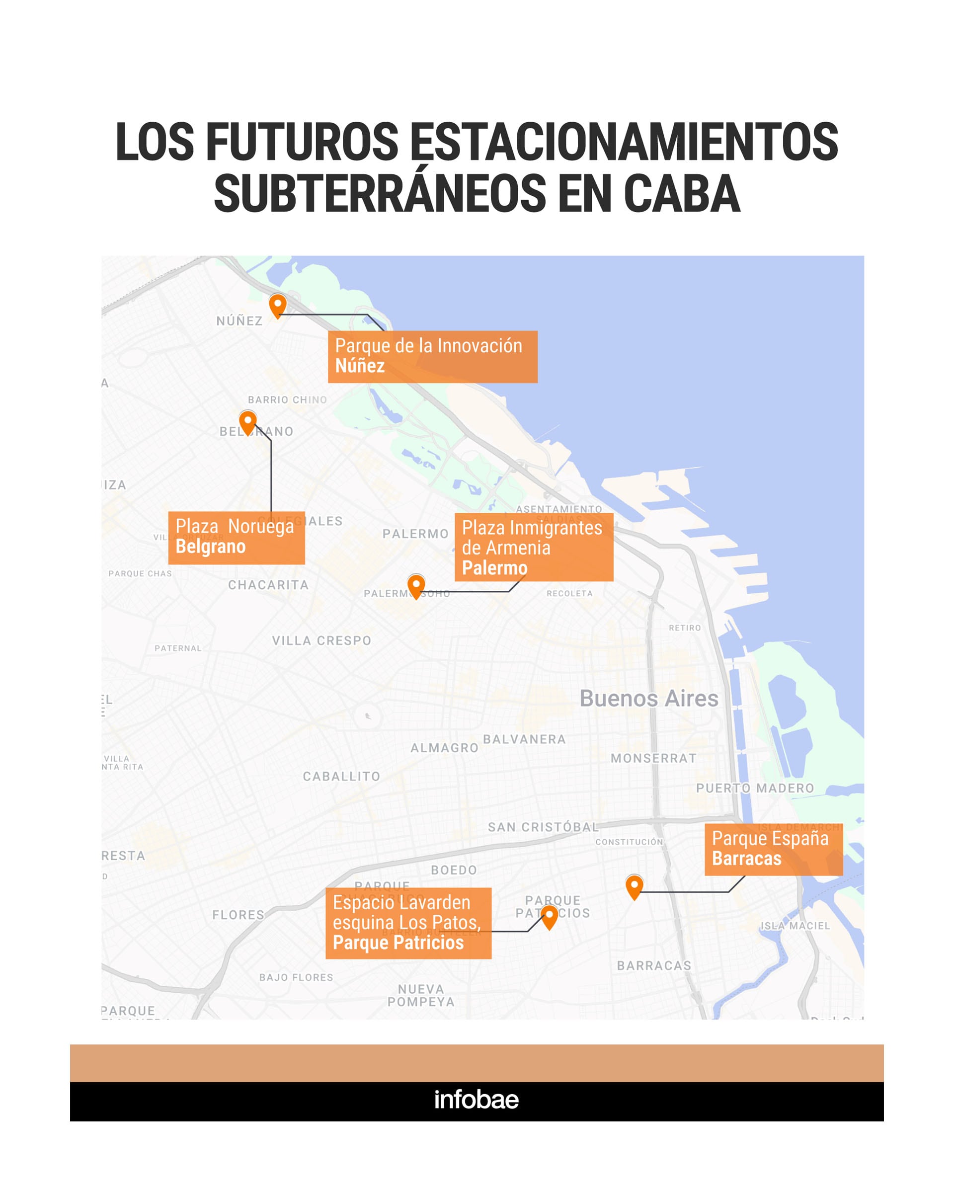 Mapa que ilustra las ubicaciones propuestas para los futuros estacionamientos subterráneos en Buenos Aires, Argentina, incluyendo Parque de la Innovación, Plaza Noruega, Plaza Inmigrantes de Armenia, Espacio Lavardén y Parque España.