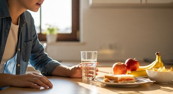 Primer plano de una persona tomando un vaso de agua junto a un sándwich, dos manzanas rojas, plátanos y un cuenco de patatas fritas sobre una mesa de madera.