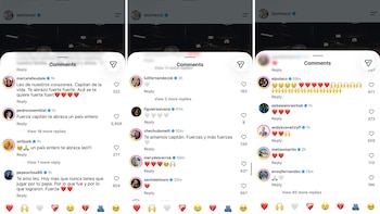 Tres capturas de pantalla de la sección de comentarios de Instagram para una publicación de leomessi con texto, nombres de usuarios y emojis de apoyo