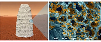 Estructura cónica en un paisaje rojo junto a una micrografía electrónica con estructuras azules y esferas amarillas etiquetada HKUST