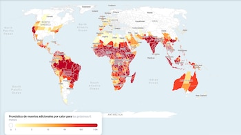 Mapa mundial con divisiones territoriales en una escala cromática de amarillo a rojo oscuro y una leyenda sobre muertes por calor