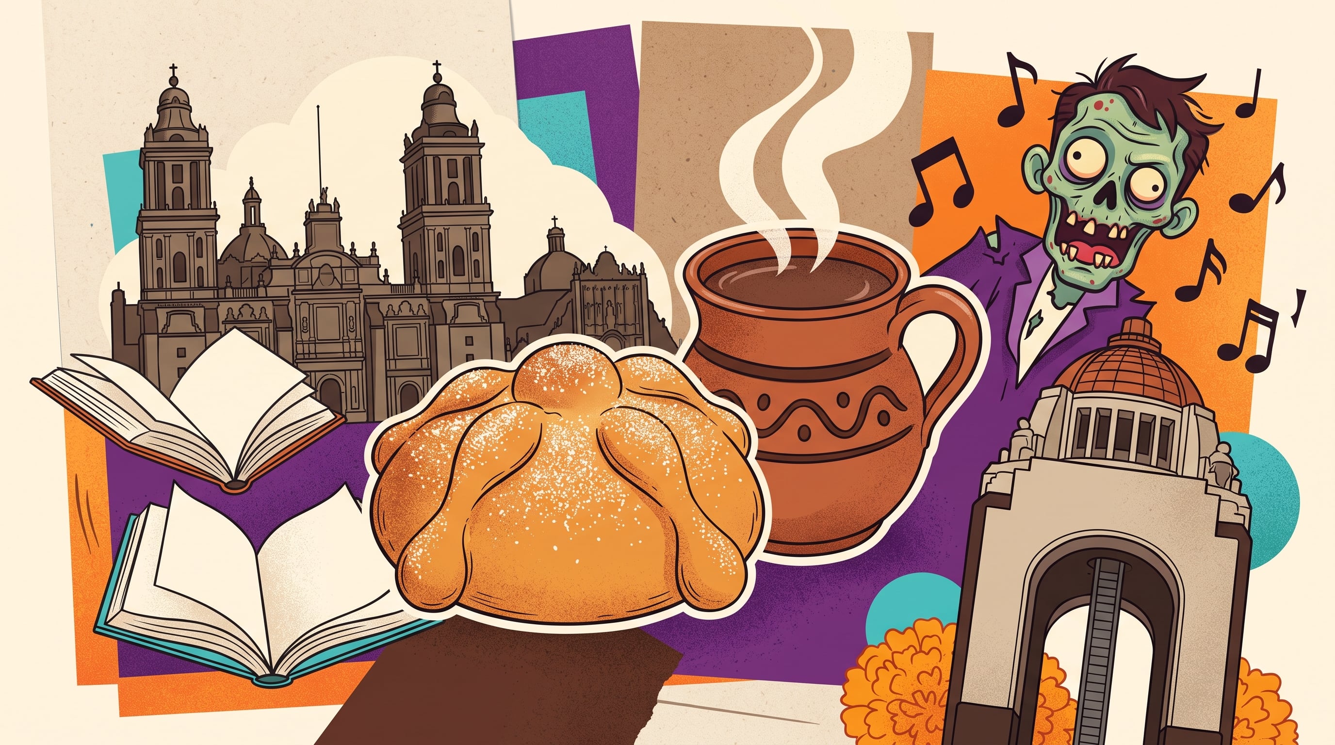 Un collage ilustrado reúne elementos tradicionales de Día de Muertos junto a referencias arquitectónicas y culturales de la Ciudad de México. (Imagen Ilustrativa Infobae)
