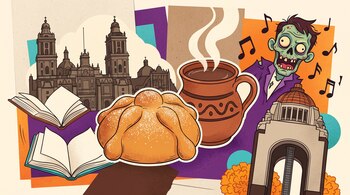 Pan de muerto, taza de barro con chocolate, libros abiertos, la Catedral Metropolitana, el Monumento a la Revolución y una figura de zombi animada.