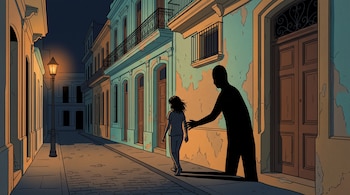 Ilustración de una joven de espaldas en una calle nocturna junto a una sombra humana proyectada sobre una fachada colonial.