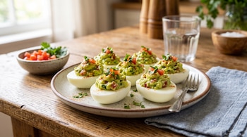 Seis mitades de huevo cocido con relleno verde y tomate en trozos en un plato blanco, junto a un tenedor y un vaso.
