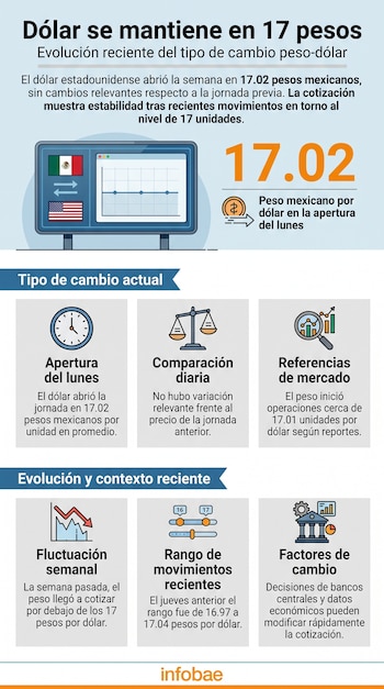 Infografía sobre el tipo de cambio dólar-peso mexicano que muestra la cotización de 17.02, un monitor con banderas y gráficos de evolución económica.
