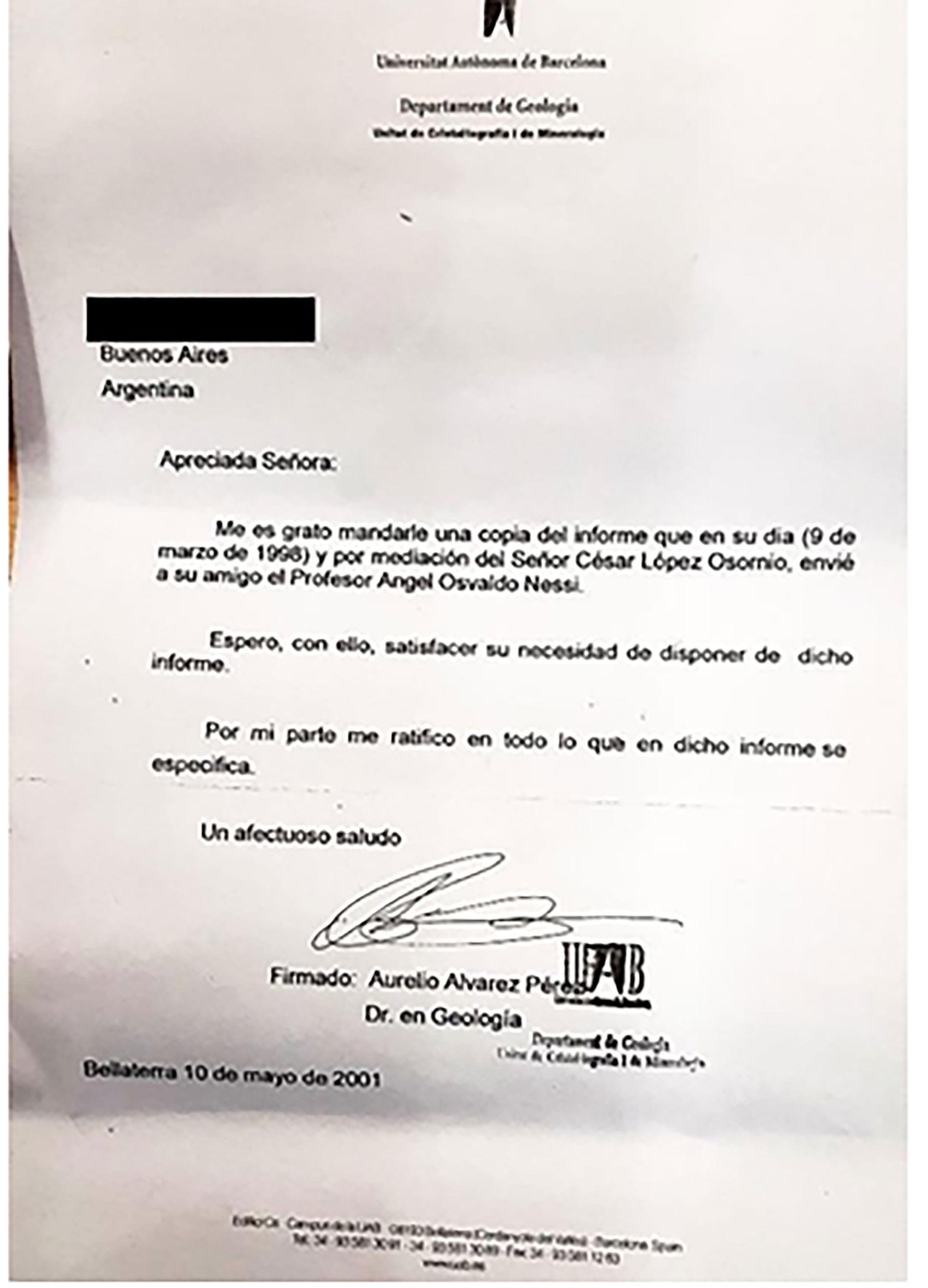 Otra de las certificaciones de la escultura fue hecha por la Universidad de Barcelona