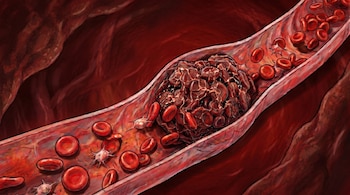 Ilustración de un gran coágulo sanguíneo compuesto de glóbulos rojos y plaquetas que obstruye un vaso sanguíneo, con más glóbulos rojos alrededor, en un fondo rojo oscuro.