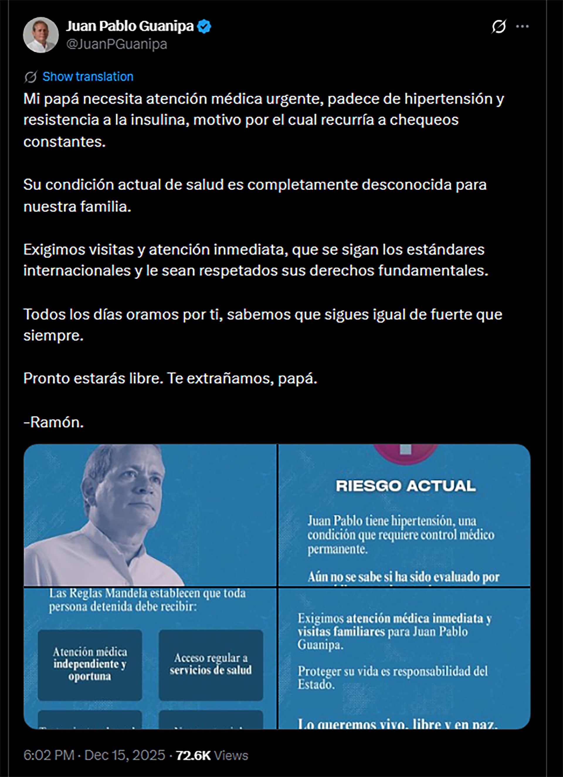 El mensaje de Ramón Guanipa en la cuenta de X de su padre, Juan Pablo Guanipa