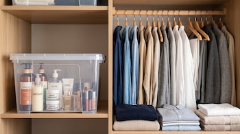 Armario de madera con camisas y chaquetas en perchas, prendas dobladas y una caja transparente con frascos de crema y champú.