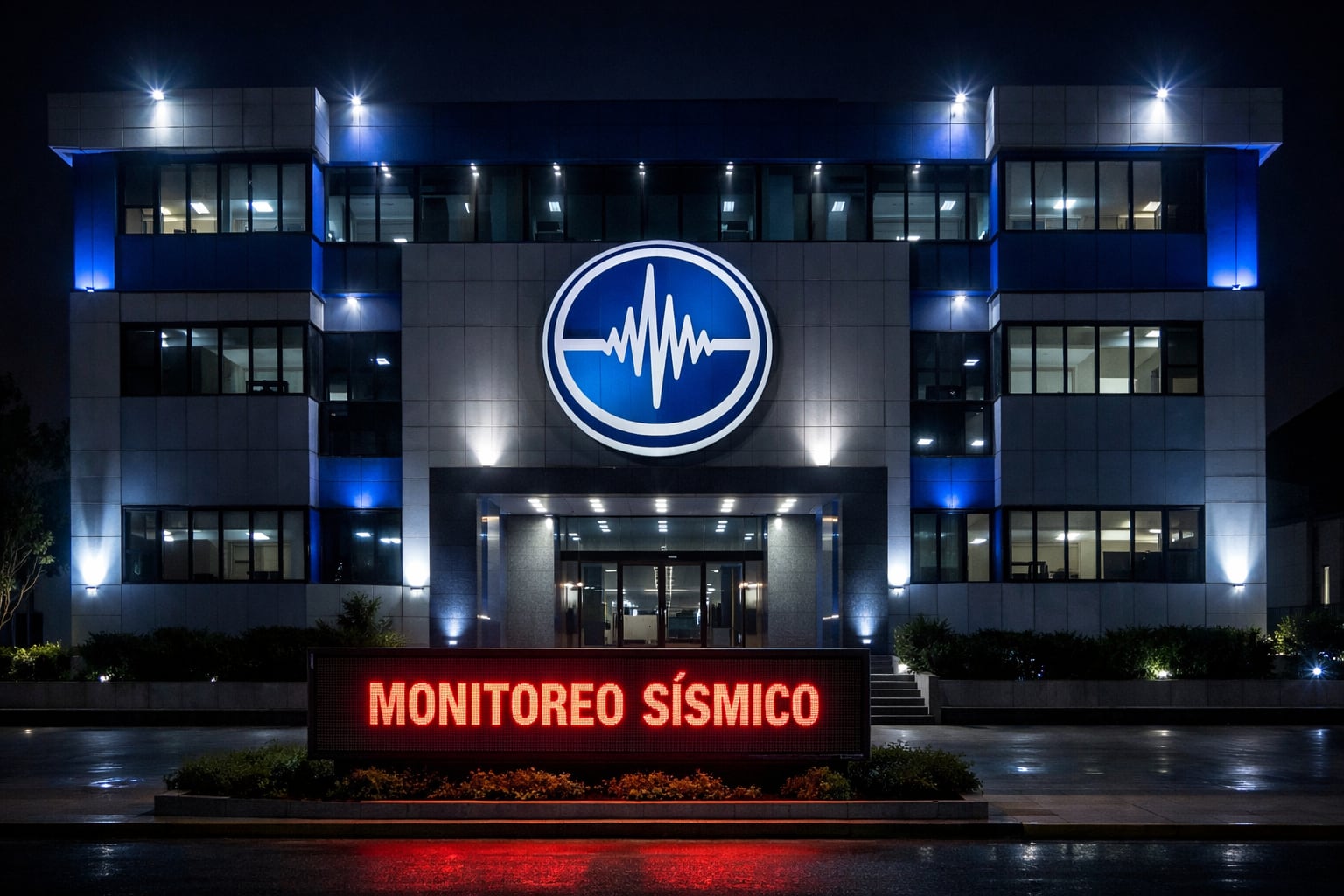 El edificio del Instituto Geofísico del Perú, iluminado de noche, exhibe su logo institucional y un cartel digital que anuncia el monitoreo sísmico. (Imagen Ilustrativa Infobae)