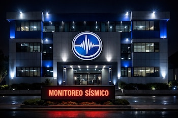 Fachada nocturna de edificio moderno iluminado con luces blancas y azules; logo circular con onda sísmica; cartel digital rojo con 'MONITOREO SÍSMICO'.