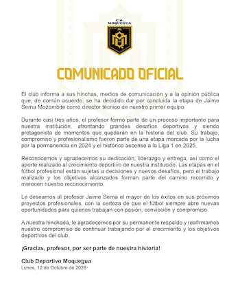 El comunicado de la salida de Jaime Serna de CD Moquegua en medio del mal momento en el Torneo Clausura 2026. - créditos: CD Moquegua
