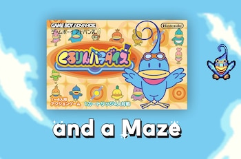 Portada del videojuego Kururin Paradise con un ave azul, letras en japonés, el texto and a Maze abajo y un personaje en pixel art a la derecha